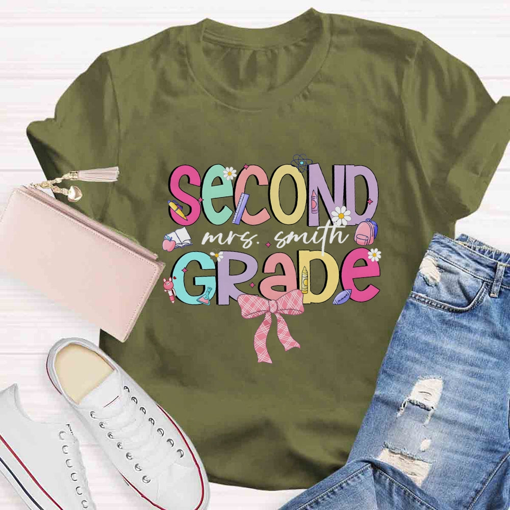 Personalized Name And Grade Pink Bow Back To School T-shirt