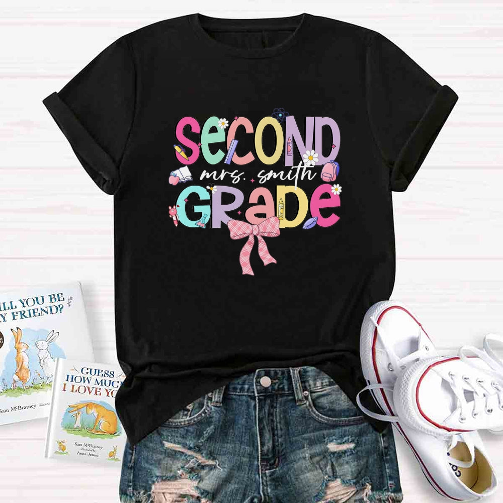 Personalized Name And Grade Pink Bow Back To School T-shirt