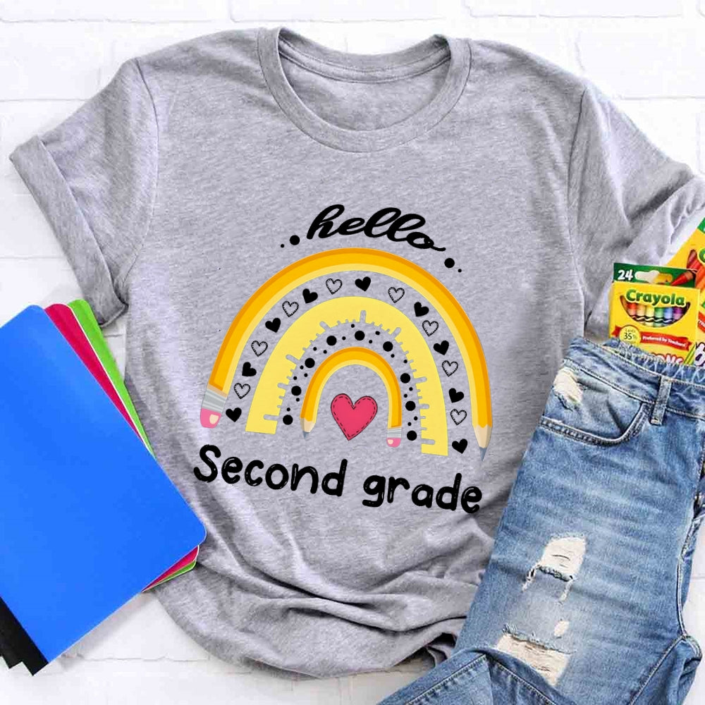 Personalized Grade Heart And Rainbow Hello Second Grade T-shirt
