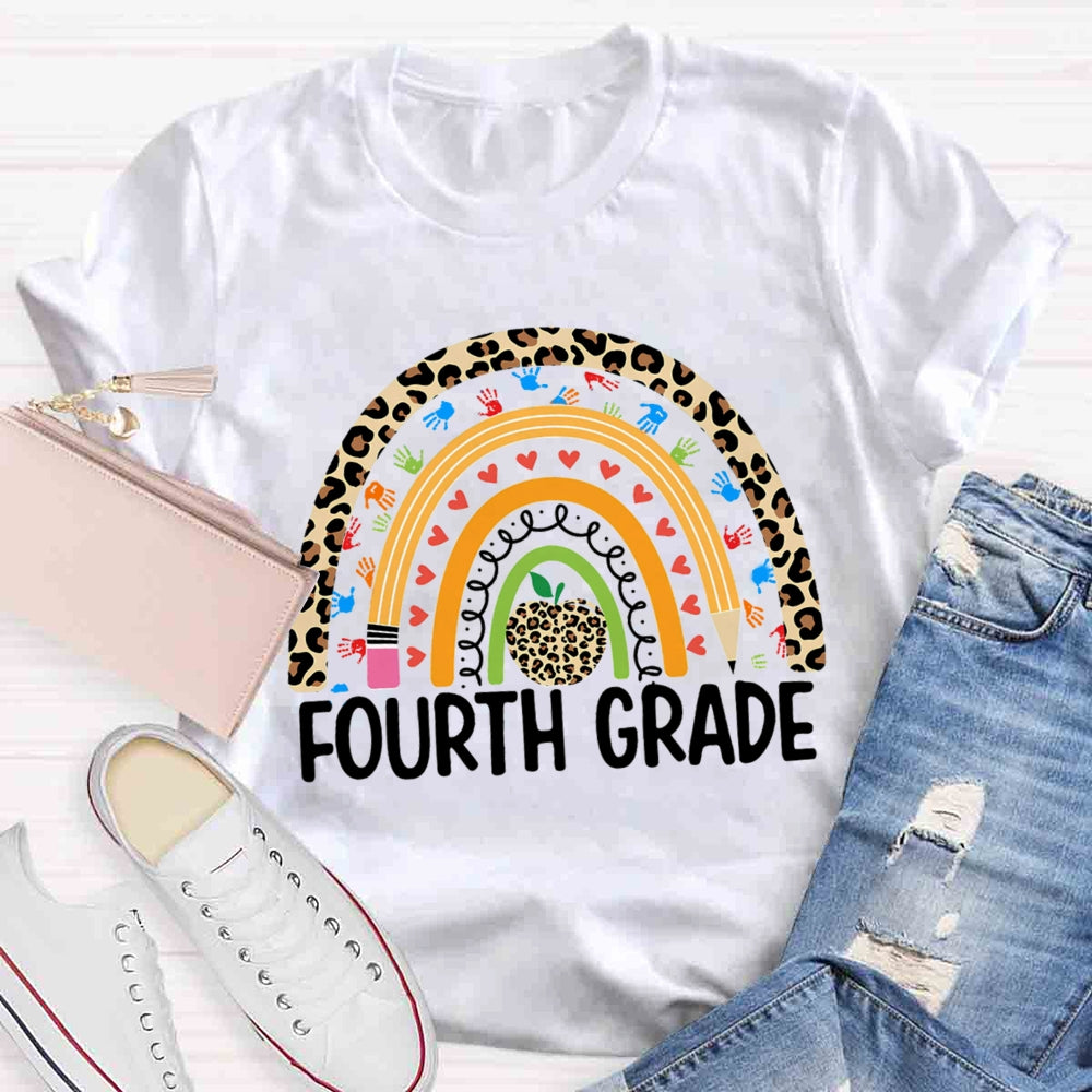 Personalized Grade Leopard Apple Rainbow Fourth Grade T-shirt