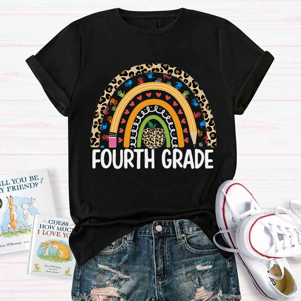Personalized Grade Leopard Apple Rainbow Fourth Grade T-shirt