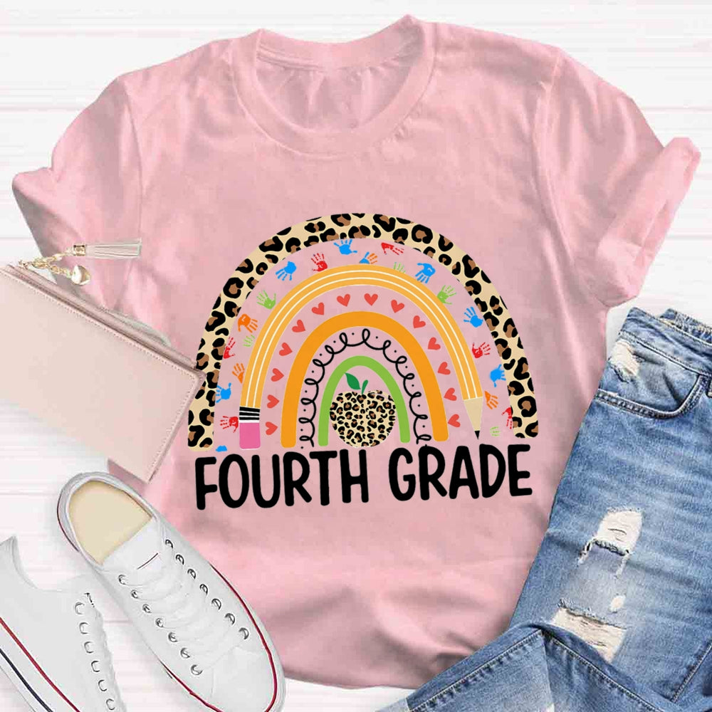 Personalized Grade Leopard Apple Rainbow Fourth Grade T-shirt