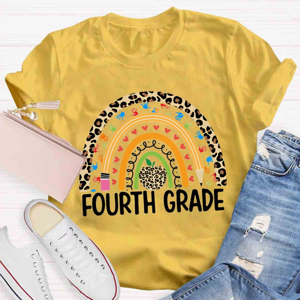 Personalized Grade Leopard Apple Rainbow Fourth Grade T-shirt