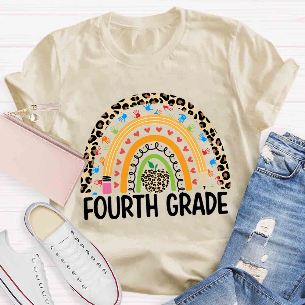 Personalized Grade Leopard Apple Rainbow Fourth Grade T-shirt