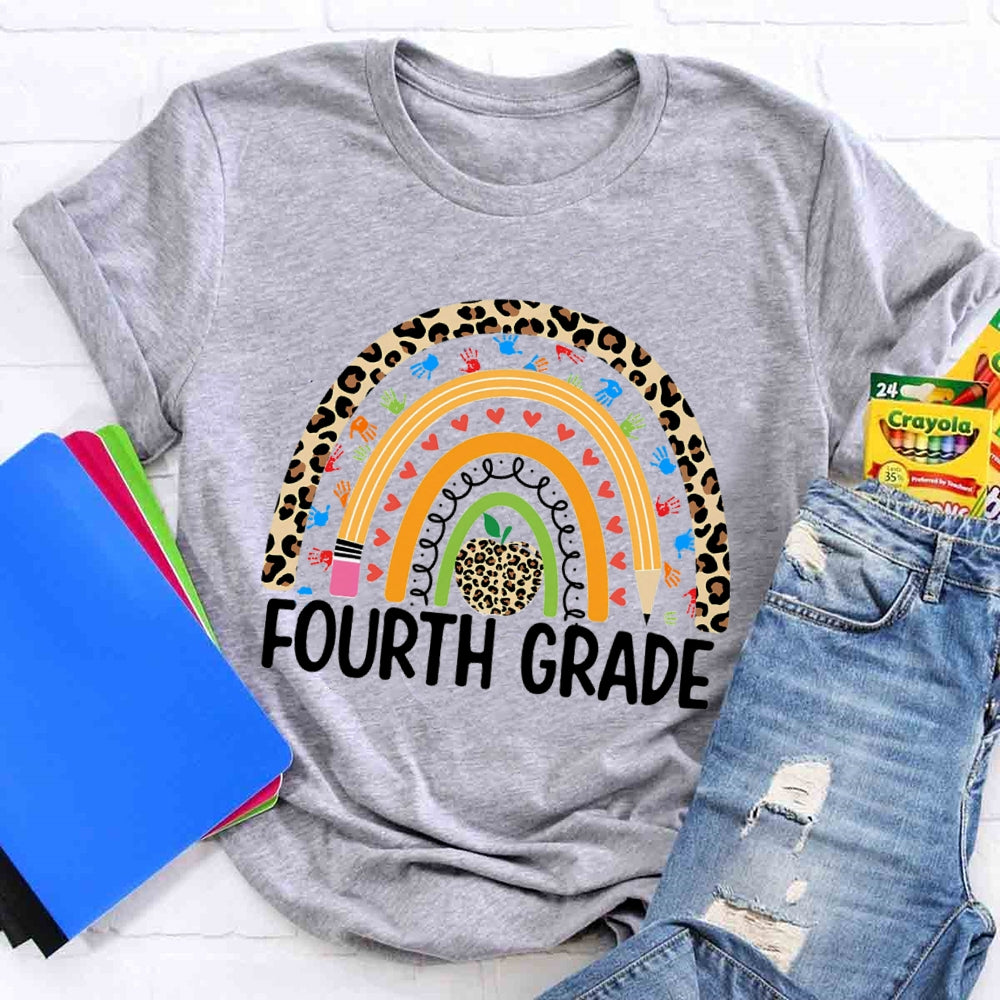 Personalized Grade Leopard Apple Rainbow Fourth Grade T-shirt