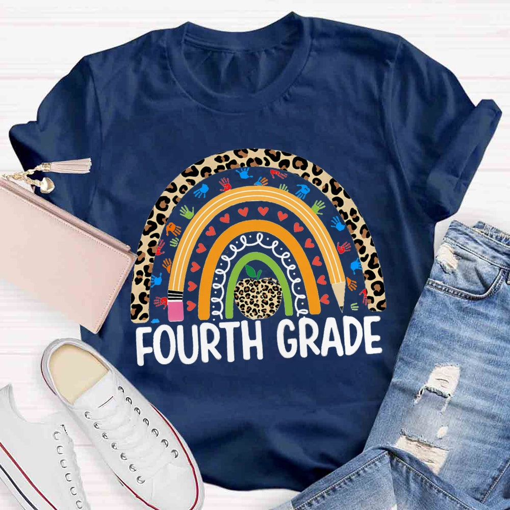 Personalized Grade Leopard Apple Rainbow Fourth Grade T-shirt
