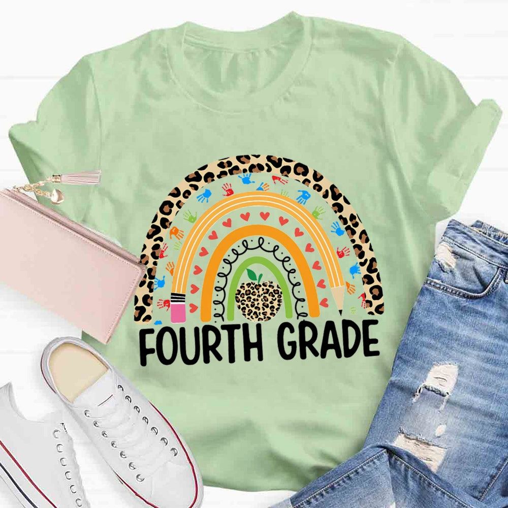 Personalized Grade Leopard Apple Rainbow Fourth Grade T-shirt