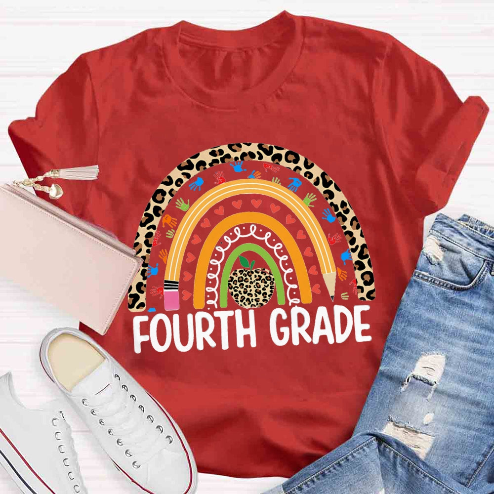 Personalized Grade Leopard Apple Rainbow Fourth Grade T-shirt