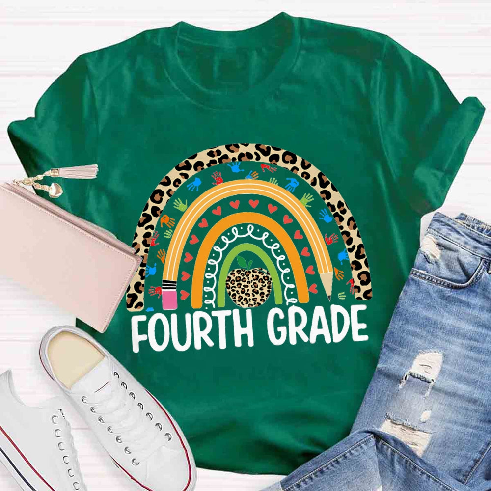 Personalized Grade Leopard Apple Rainbow Fourth Grade T-shirt