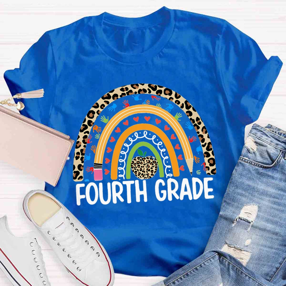 Personalized Grade Leopard Apple Rainbow Fourth Grade T-shirt
