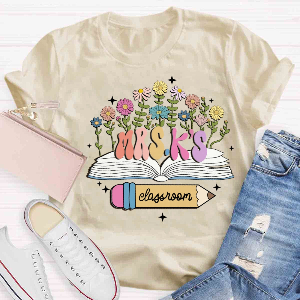 Personalized Name Flower Book Pencil Teacher T-shirt