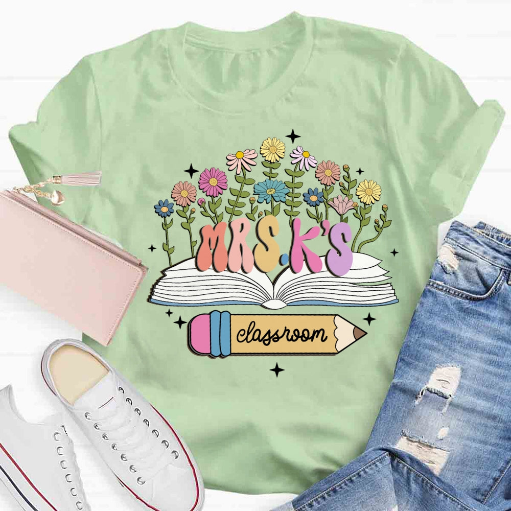 Personalized Name Flower Book Pencil Teacher T-shirt