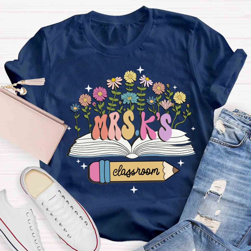 Personalized Name Flower Book Pencil Teacher T-shirt