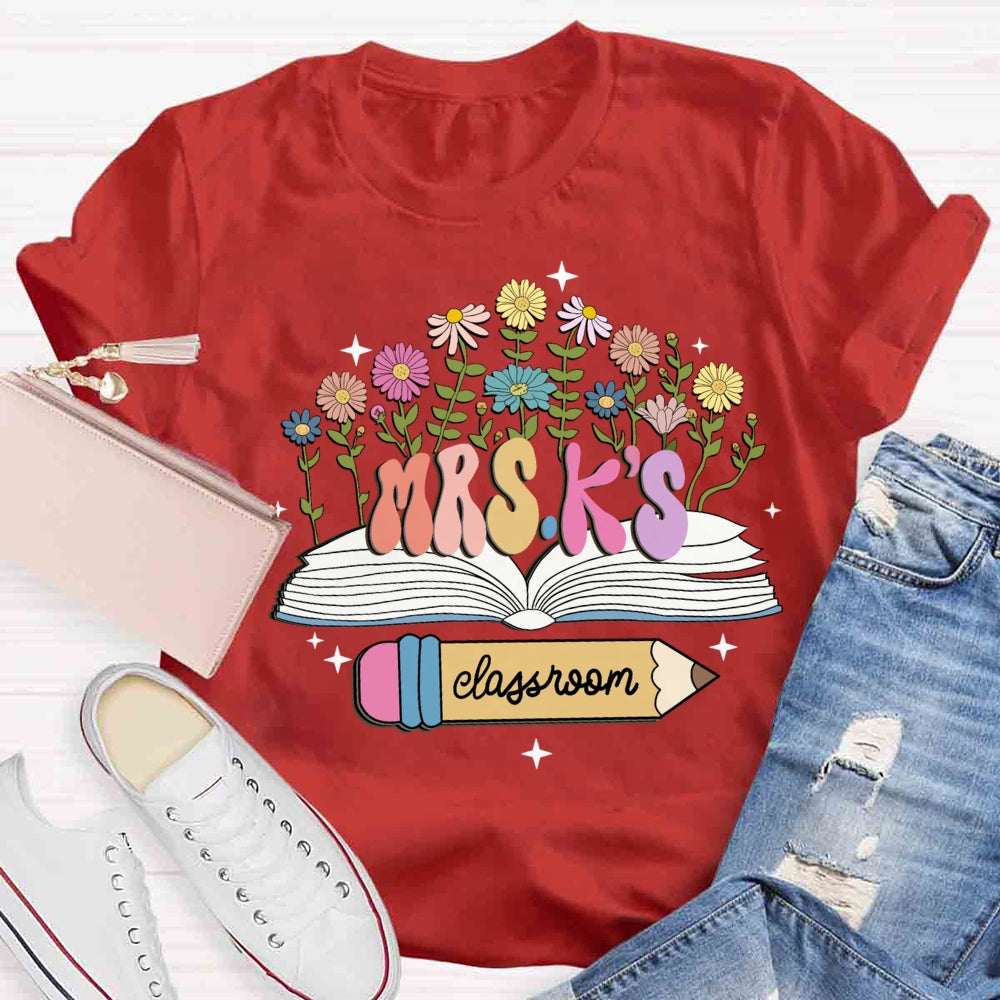 Personalized Name Flower Book Pencil Teacher T-shirt
