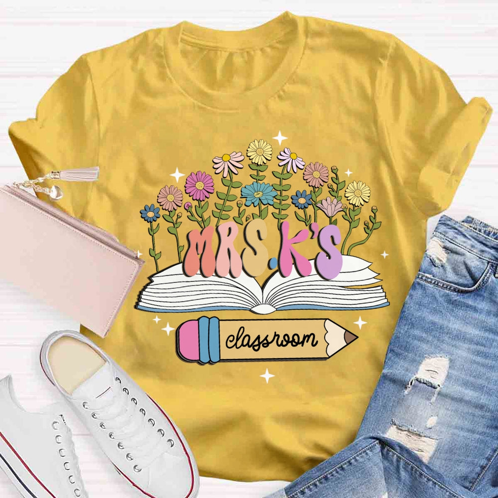 Personalized Name Flower Book Pencil Teacher T-shirt