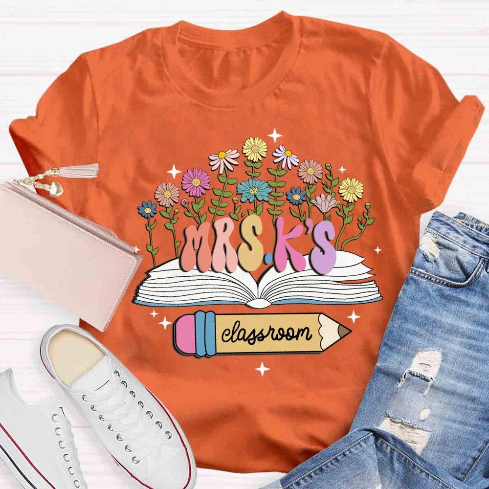 Personalized Name Flower Book Pencil Teacher T-shirt