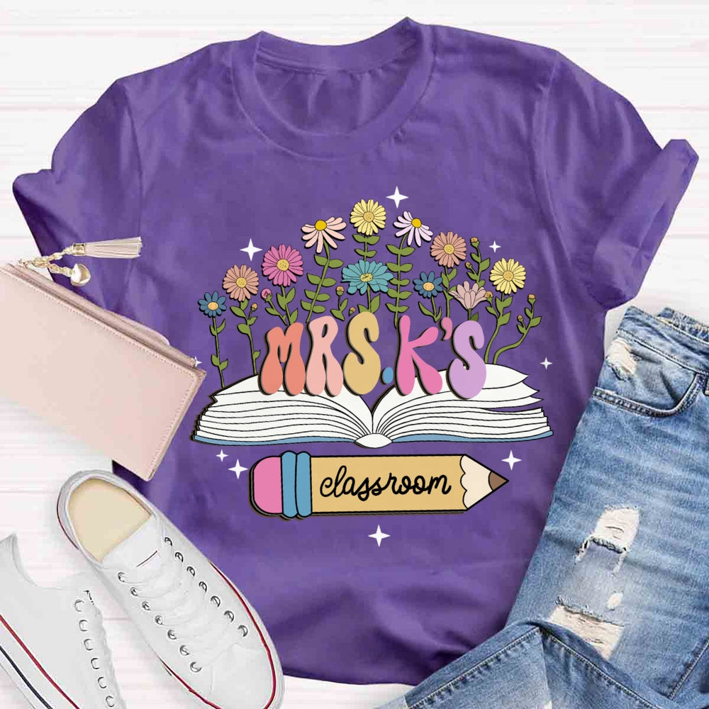 Personalized Name Flower Book Pencil Teacher T-shirt