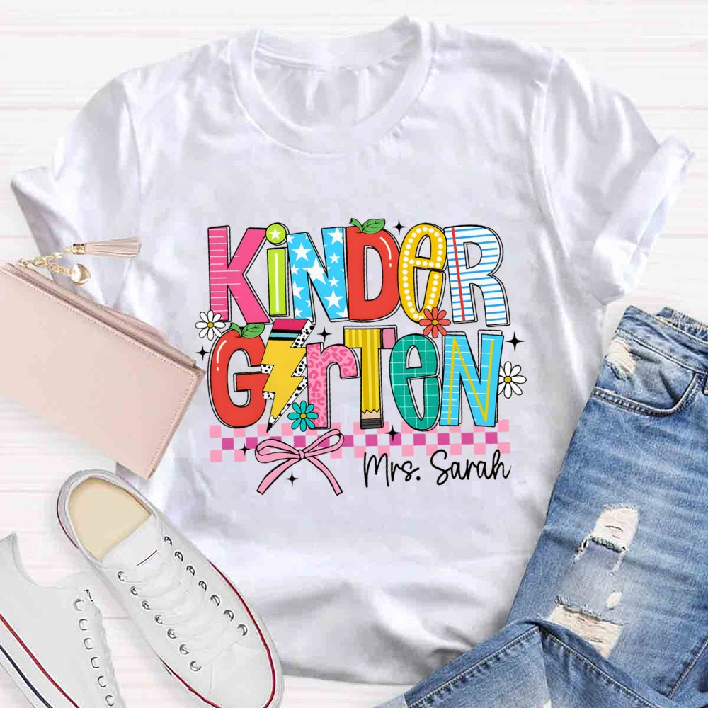 Personalized Name And Grade Kindergarten Flower Bow T-shirt