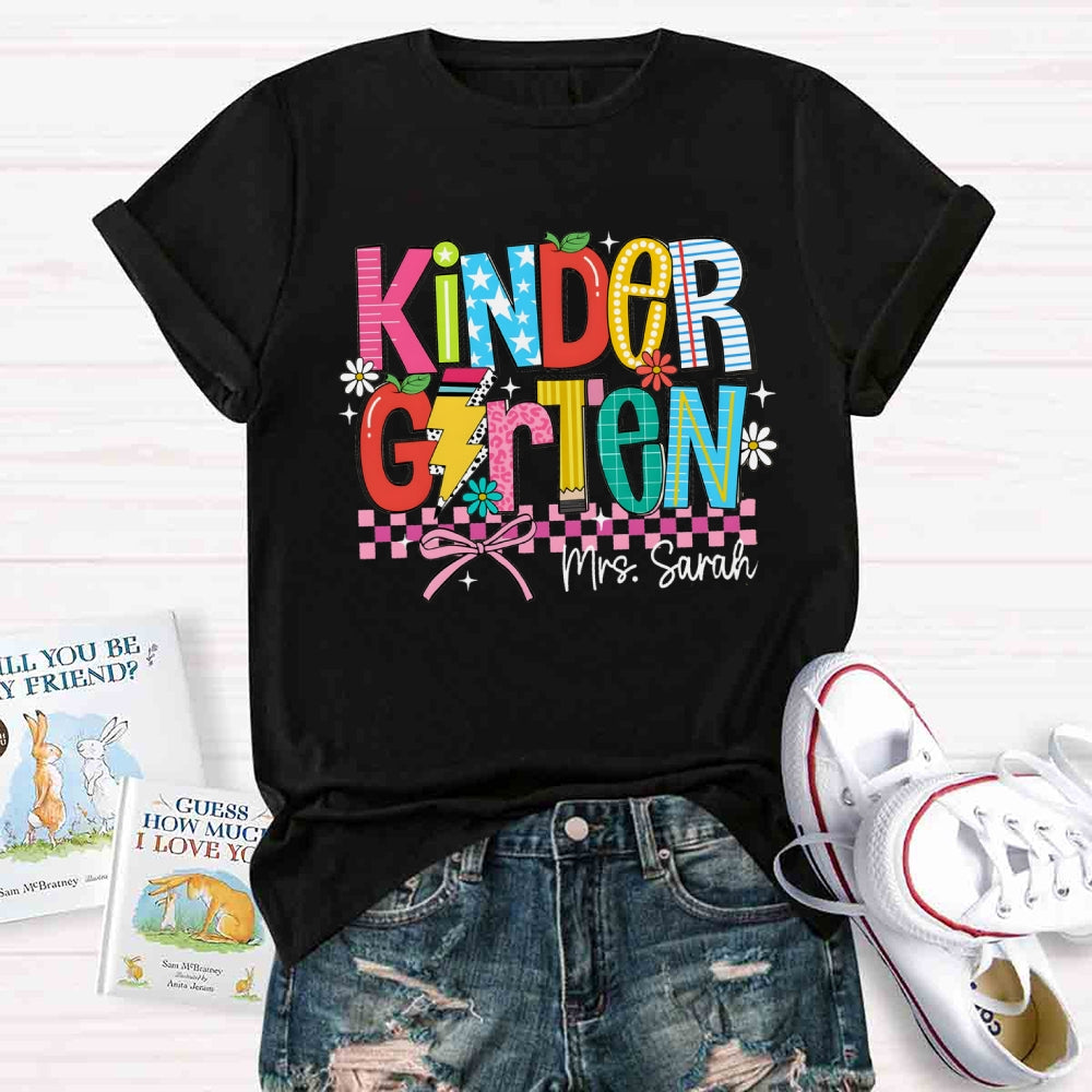 Personalized Name And Grade Kindergarten Flower Bow T-shirt