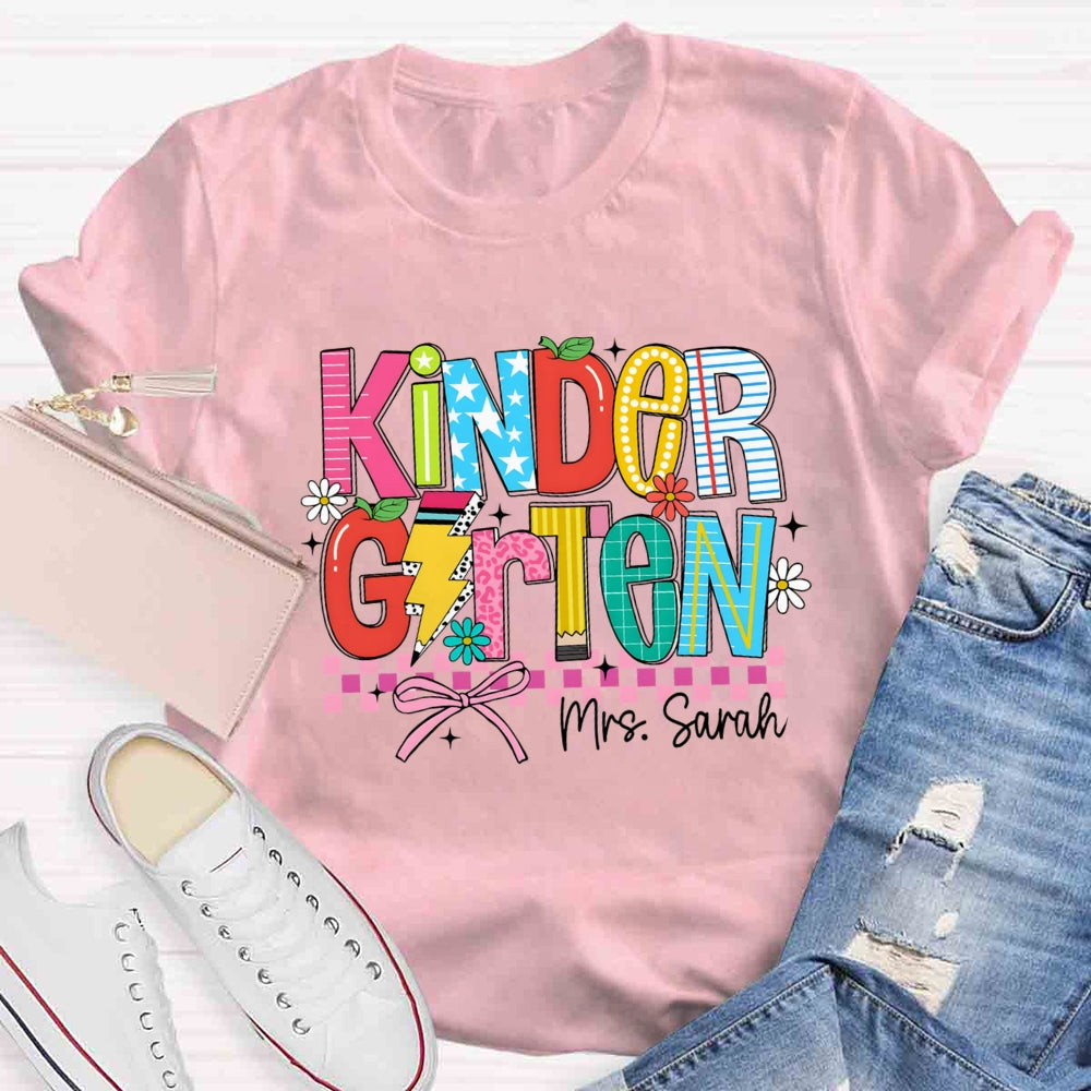 Personalized Name And Grade Kindergarten Flower Bow T-shirt