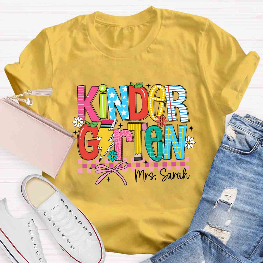 Personalized Name And Grade Kindergarten Flower Bow T-shirt