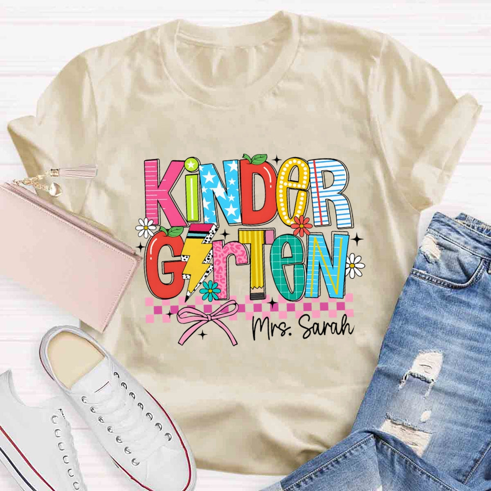 Personalized Name And Grade Kindergarten Flower Bow T-shirt