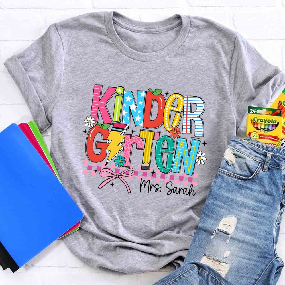Personalized Name And Grade Kindergarten Flower Bow T-shirt
