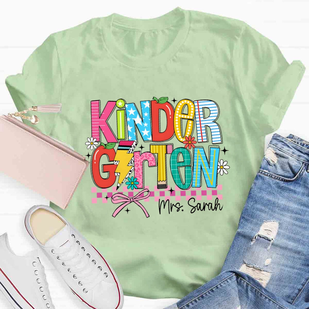 Personalized Name And Grade Kindergarten Flower Bow T-shirt
