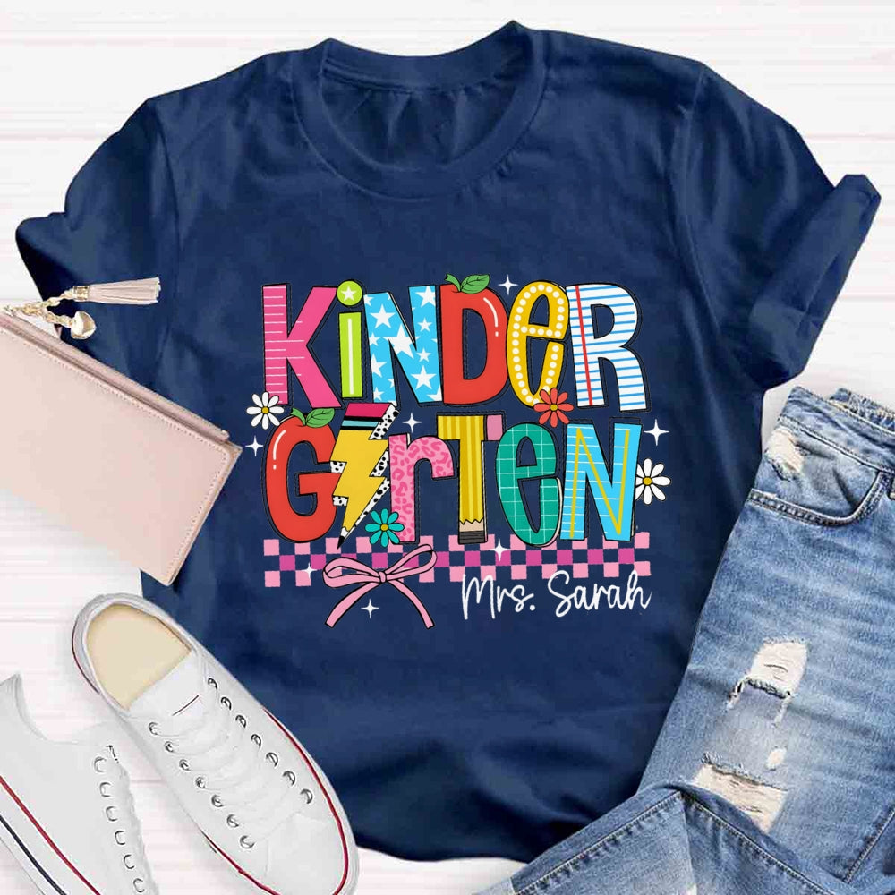 Personalized Name And Grade Kindergarten Flower Bow T-shirt