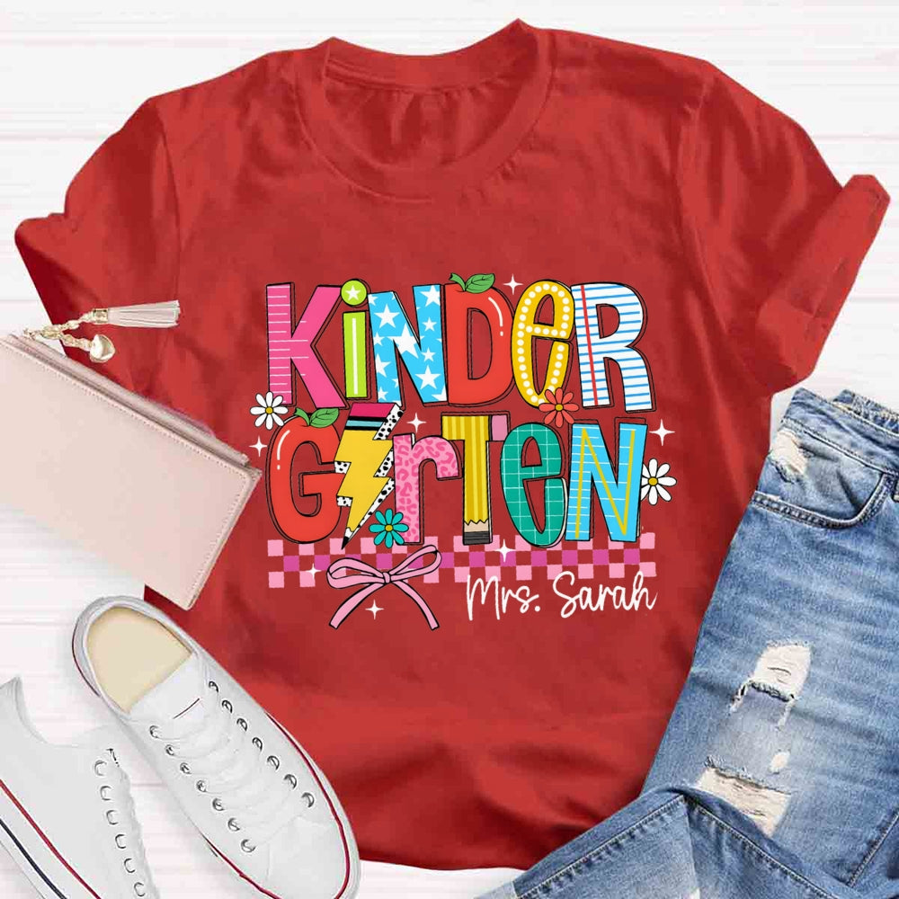 Personalized Name And Grade Kindergarten Flower Bow T-shirt