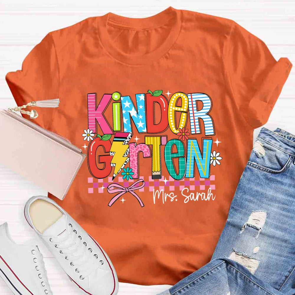 Personalized Name And Grade Kindergarten Flower Bow T-shirt