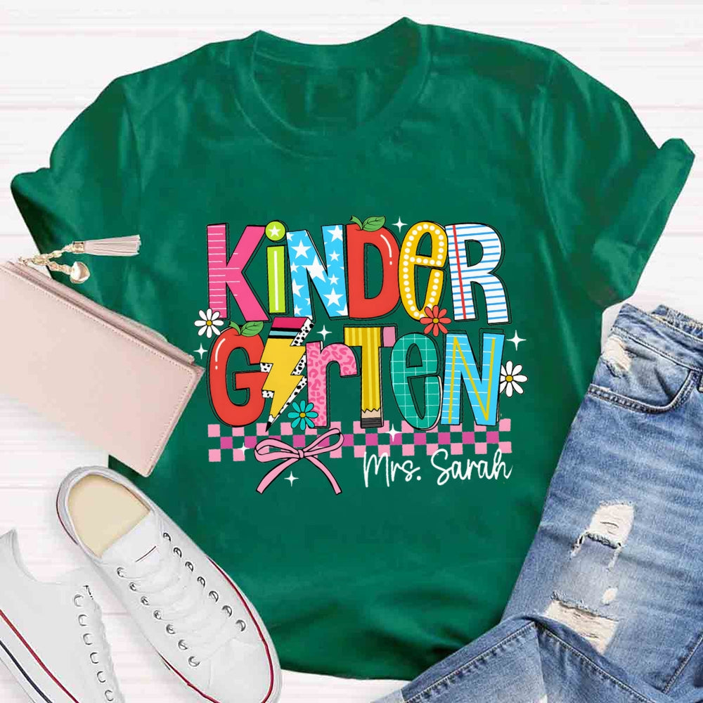 Personalized Name And Grade Kindergarten Flower Bow T-shirt