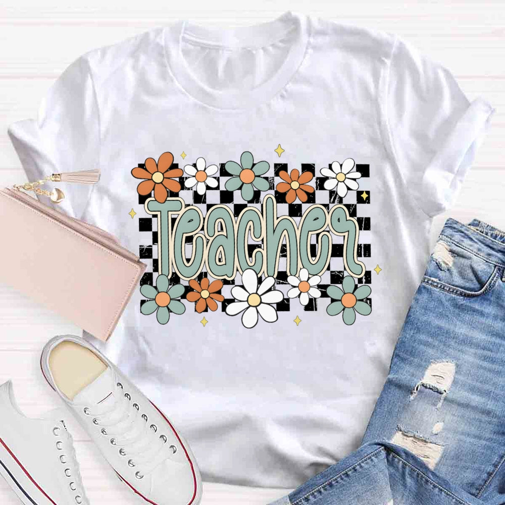 Small Grid And Flower Heart Teacher T-shirt