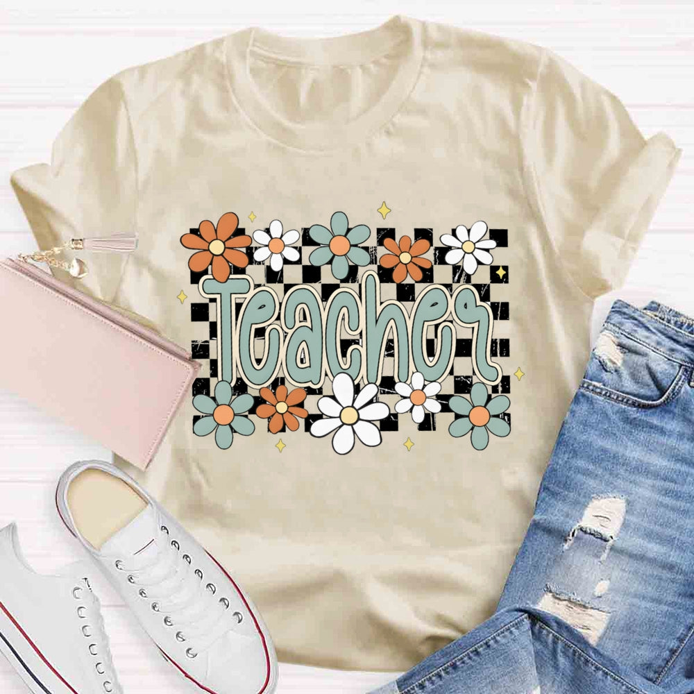 Small Grid And Flower Heart Teacher T-shirt