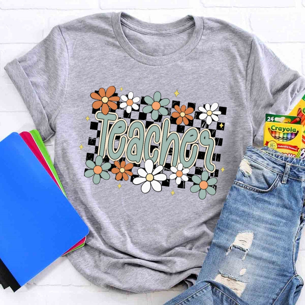 Small Grid And Flower Heart Teacher T-shirt