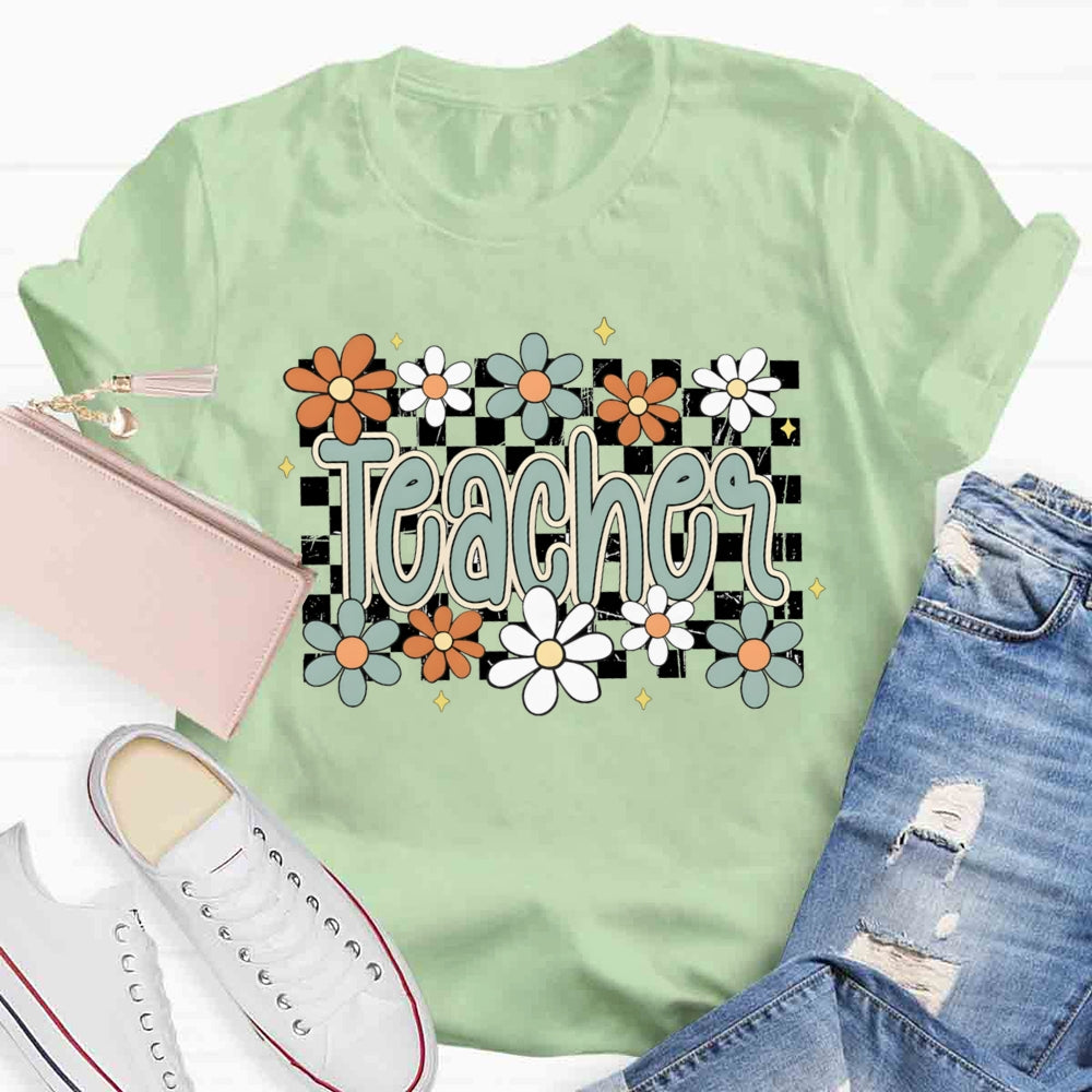 Small Grid And Flower Heart Teacher T-shirt