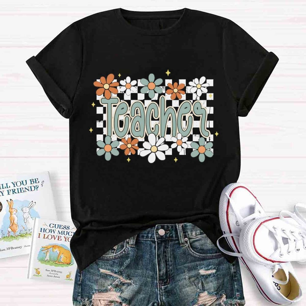 Small Grid And Flower Heart Teacher T-shirt