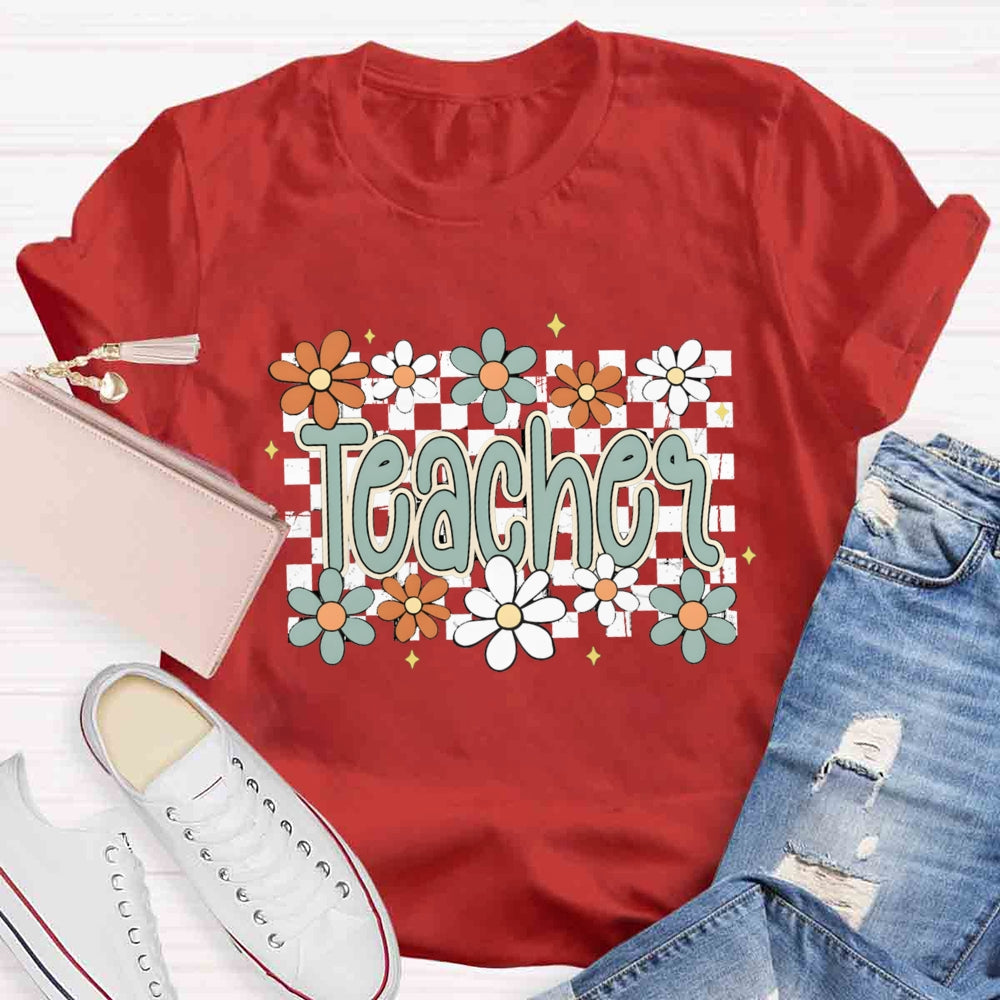 Small Grid And Flower Heart Teacher T-shirt
