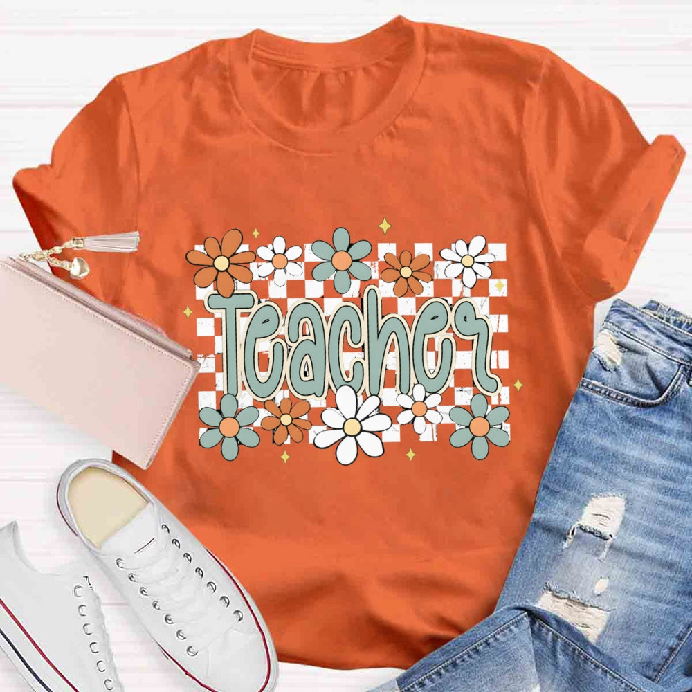 Small Grid And Flower Heart Teacher T-shirt