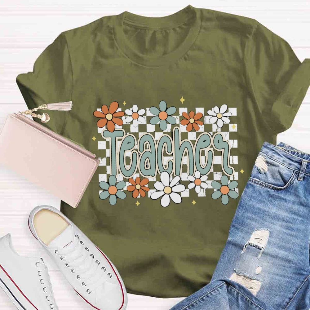 Small Grid And Flower Heart Teacher T-shirt