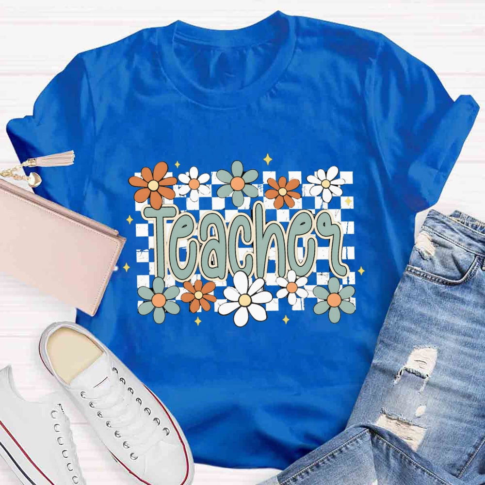 Small Grid And Flower Heart Teacher T-shirt