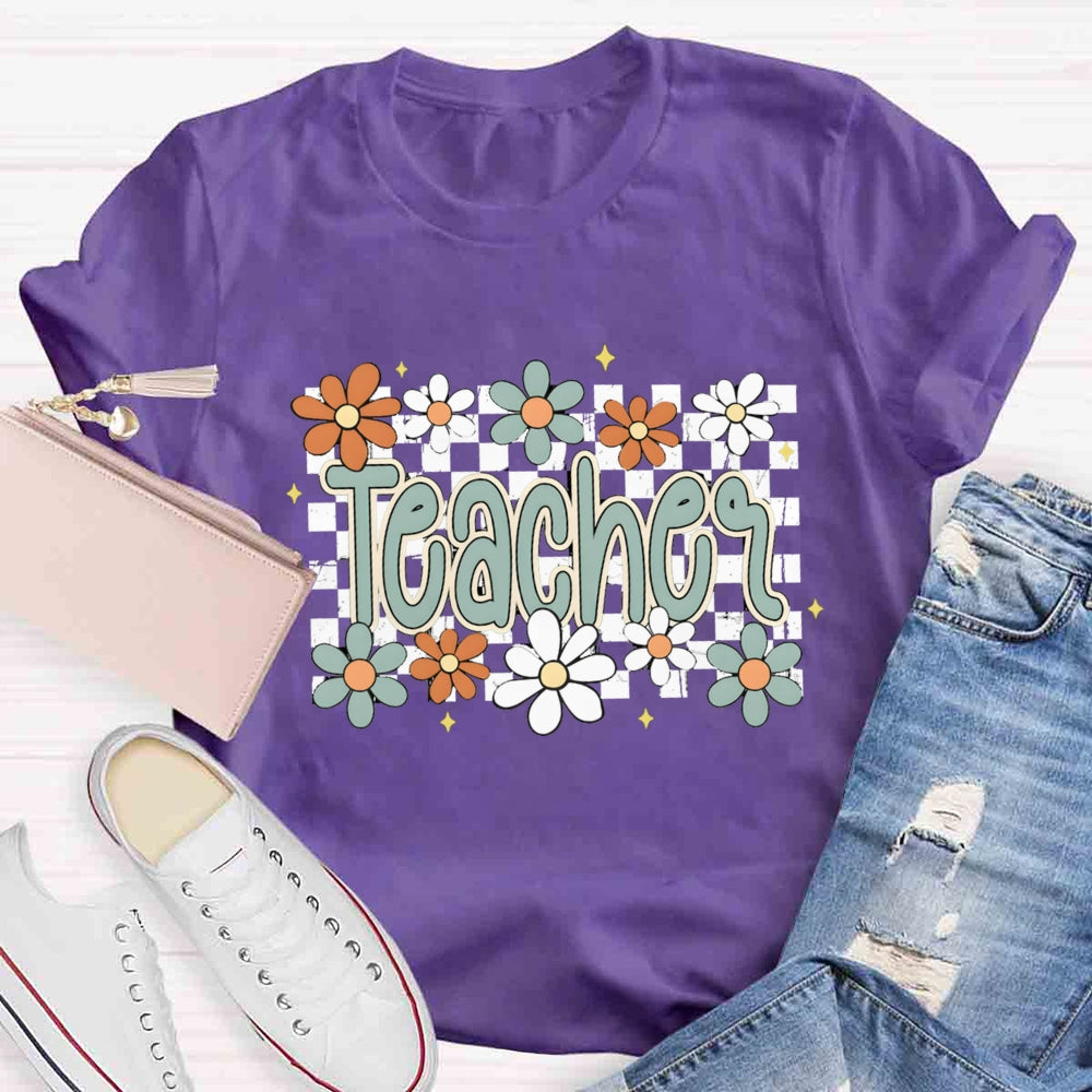 Small Grid And Flower Heart Teacher T-shirt