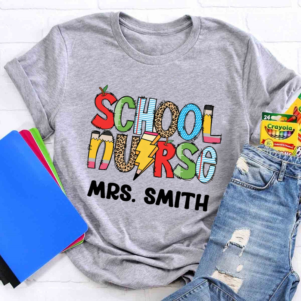 Personalized Name School Nurse Colourful T-shirt