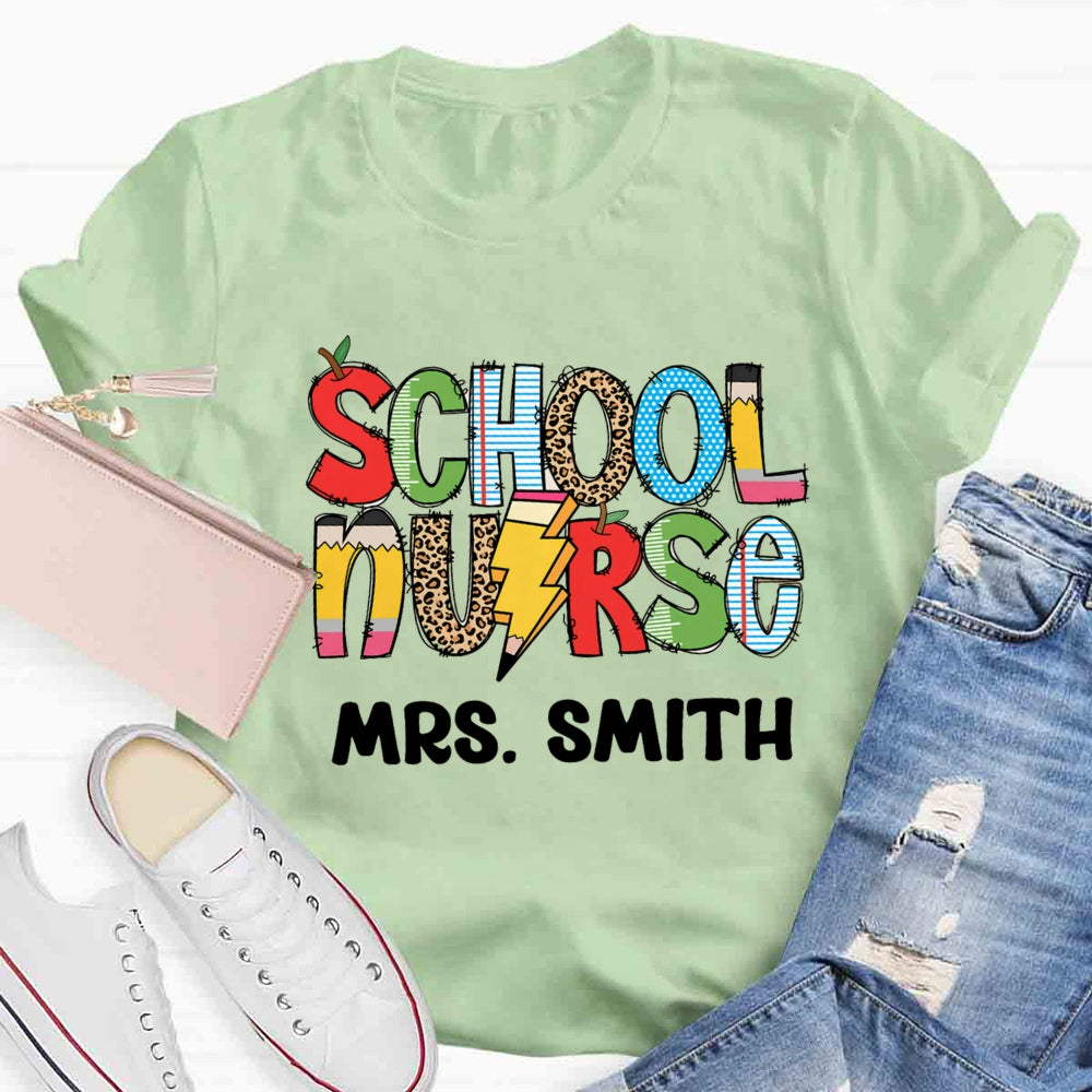 Personalized Name School Nurse Colourful T-shirt