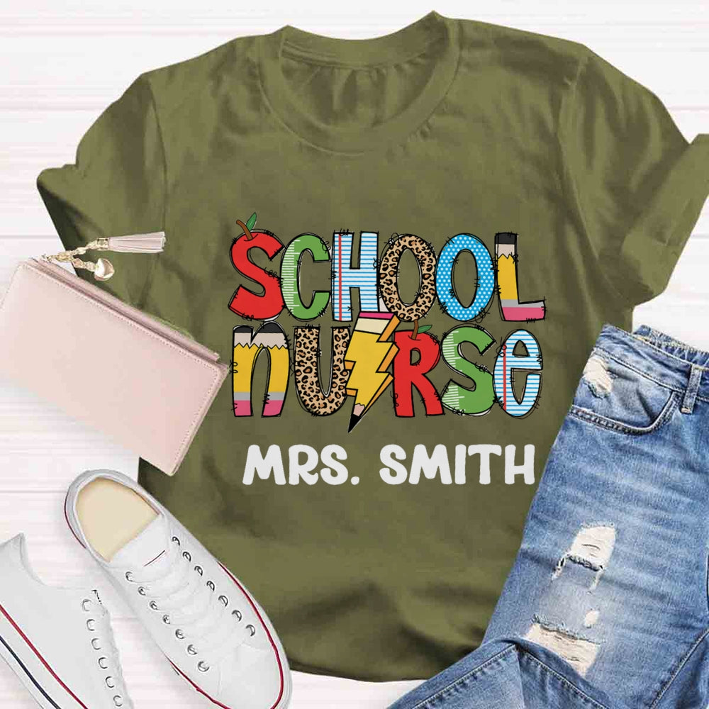 Personalized Name School Nurse Colourful T-shirt