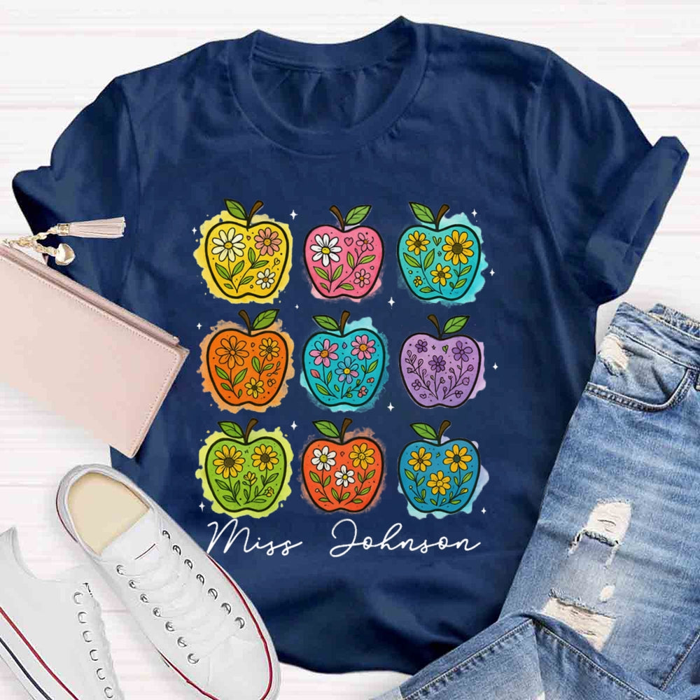 Personalized Name Apple Flower Heart Teacher T-shirt