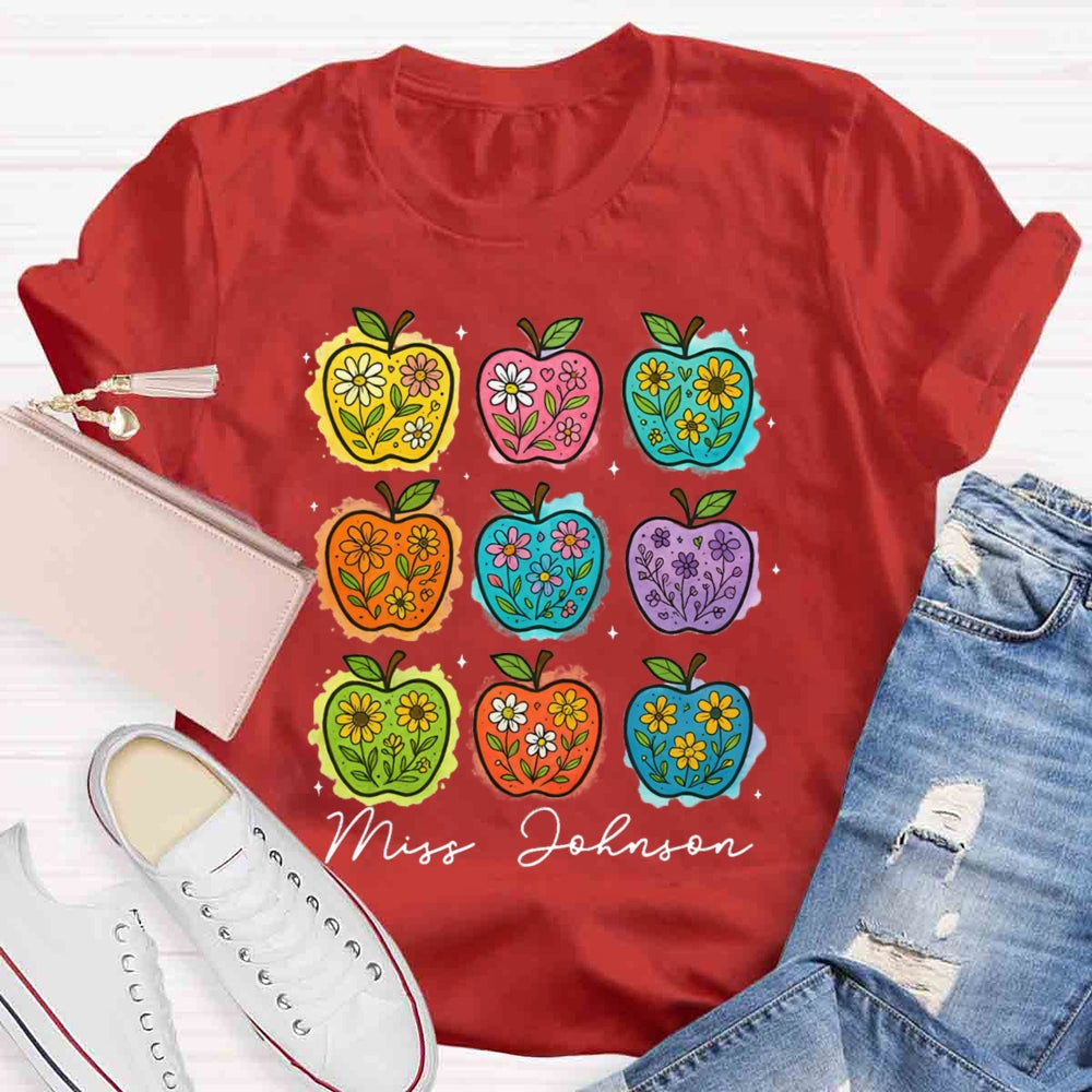 Personalized Name Apple Flower Heart Teacher T-shirt