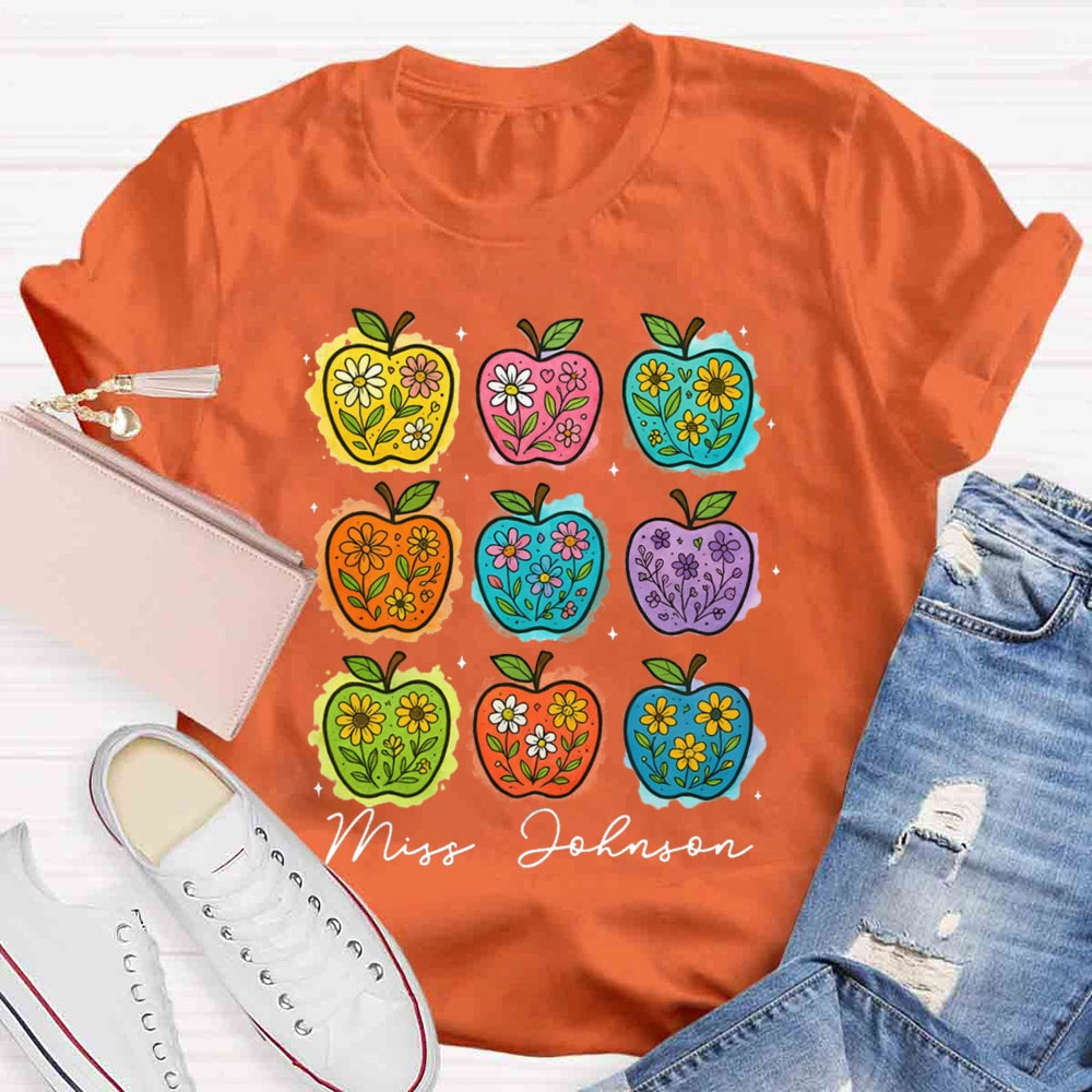 Personalized Name Apple Flower Heart Teacher T-shirt