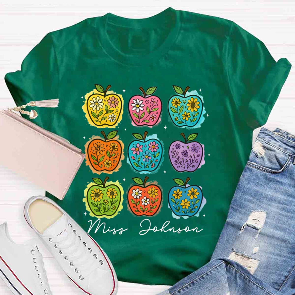 Personalized Name Apple Flower Heart Teacher T-shirt
