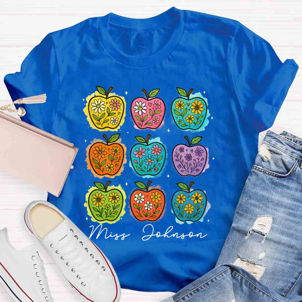 Personalized Name Apple Flower Heart Teacher T-shirt